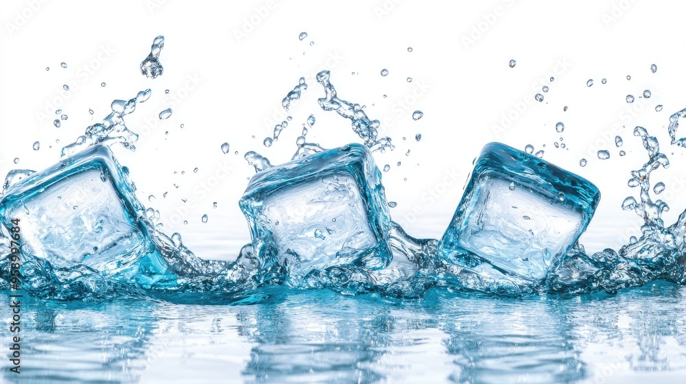 Poster ice cubes splashing in water, creating dynamic, refreshing visuals.