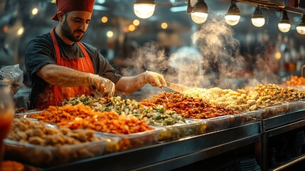Global street food vendors preparing traditional dishes vibrant bustling markets surrounded by local flavors and aromas