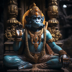 Obraz premium Intricate statue of a blue deity adorned with ornate jewelry, showcasing spiritual elegance in a serene temple setting.