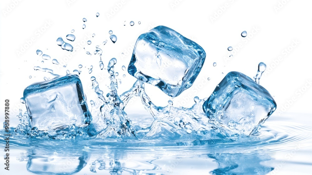 Poster Ice cubes splashing into water, creating dynamic motion and visual interest.