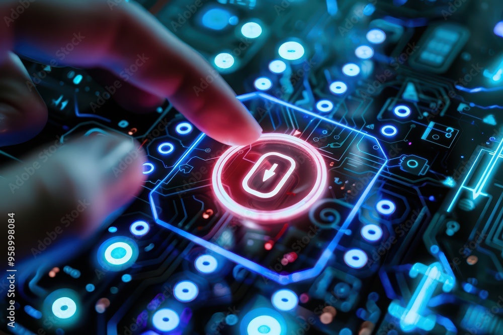 Poster close-up of a hand touching a glowing lock symbol on a digital circuit board, symbolizing technology