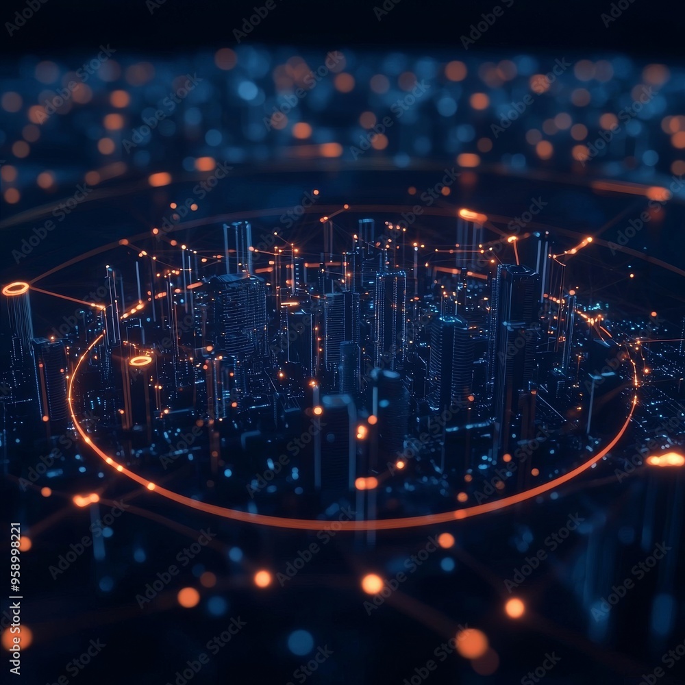 Poster a futuristic city skyline with glowing lines and dots, creating a network effect. the city is surrou