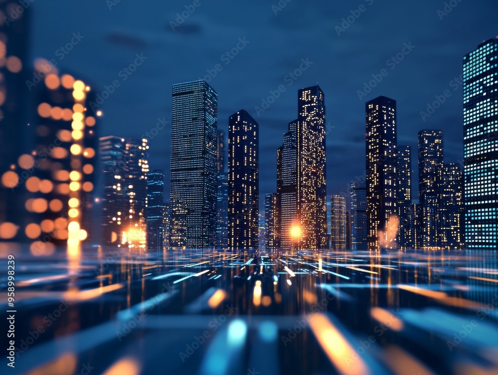 Poster a futuristic city skyline with glowing lines representing digital networks and data streams.