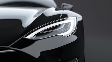 Fototapeta premium Close-up view of a sleek black car headlight showcasing modern design and advanced technology.