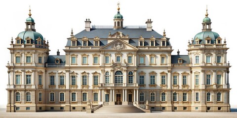 Fototapeta premium Grand Baroque Palace with Green Domes and Ornate Details, Baroque Architecture, Architectural Design, Palace
