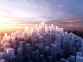 Fototapeta premium A futuristic cityscape at sunrise with a glowing sky and towering buildings.