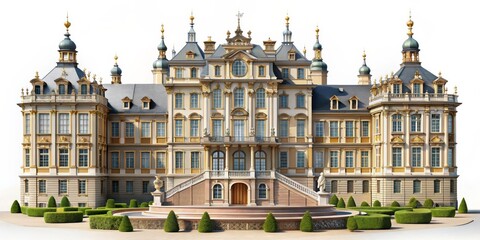 Obraz premium Grand Baroque Palace with Symmetrical Architecture and Formal Gardens, 3D Illustration, Baroque Architecture, European Palace, Palace Design