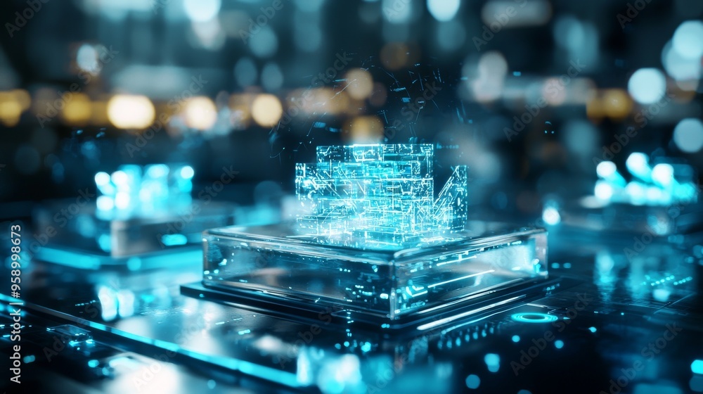 Aufkleber a futuristic cityscape with a glowing blue cube in the foreground. the cube is surrounded by a circu