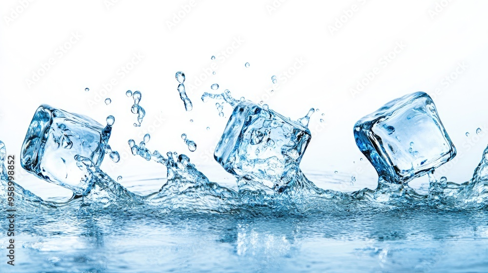 Poster ice cubes splashing in water, creating dynamic movement and refreshing imagery.