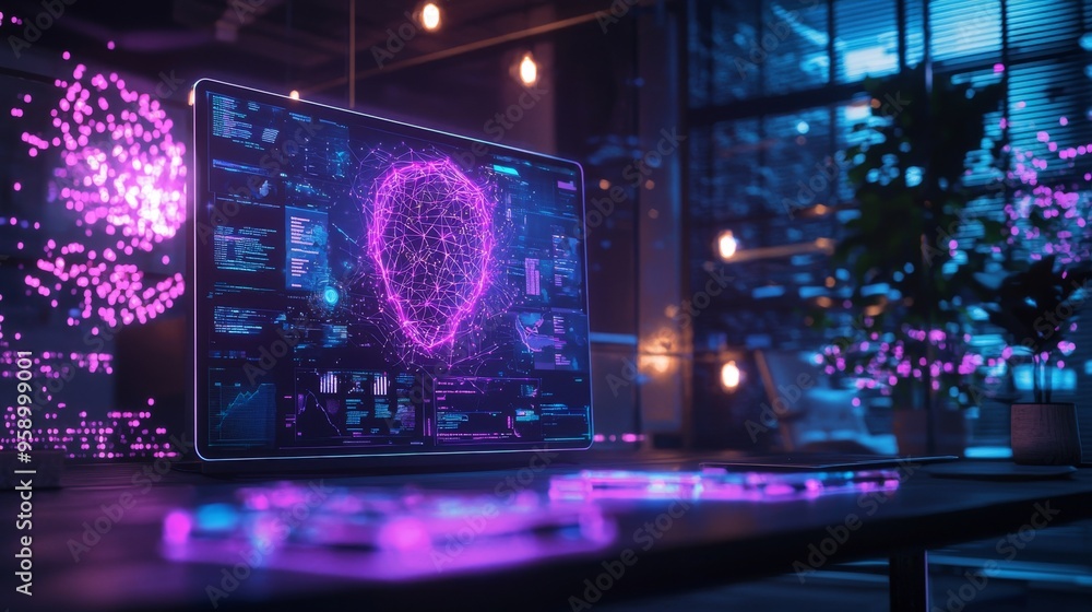 Poster a futuristic computer screen displays a glowing purple digital brain and data visualizations, highli