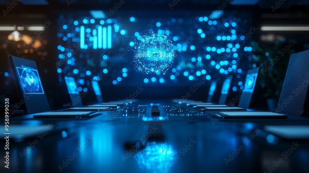 Poster a futuristic conference room with a large screen displaying data and graphs. the room is lit by blue