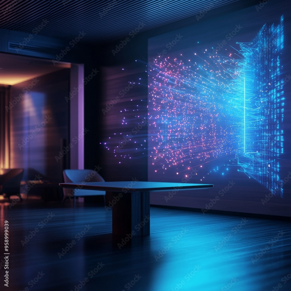 Poster a futuristic conference room with a large screen displaying digital data, representing innovation an