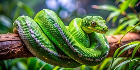 Fototapeta premium Green Tree Python Coiled on a Branch, Close-Up, Scales, Rainforest ,Snake, Reptile, Wildlife