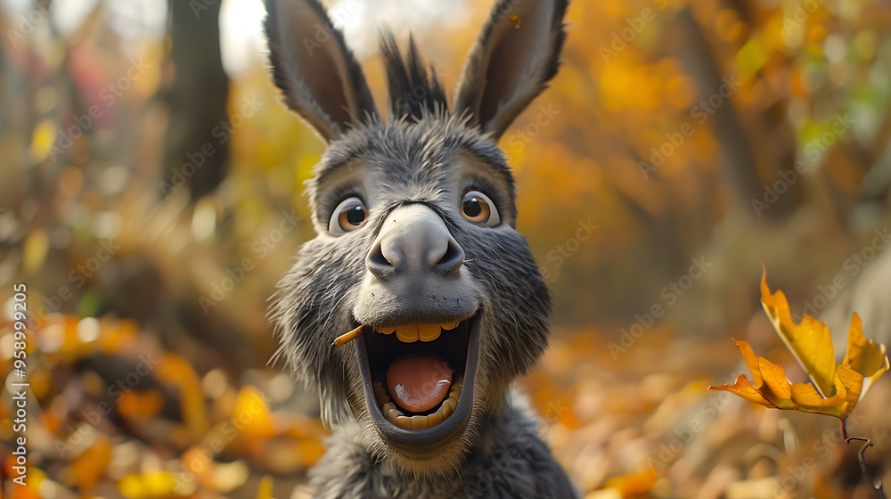 Poster a happy donkey with a stick in its mouth smiles at the camera in a forest setting with autumn leaves