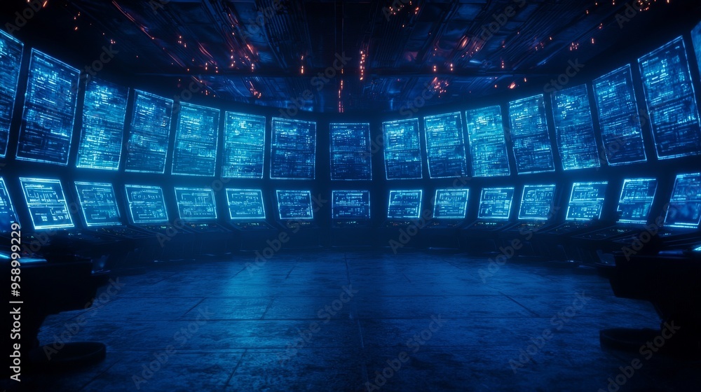 Poster a futuristic control room with numerous glowing screens displaying complex data.