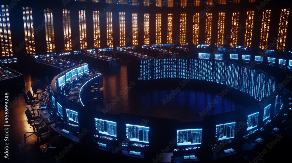 Aufkleber a futuristic control room with numerous screens and monitors arranged in a circular pattern. the roo