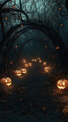 Enchanted Forest Trail at Night with Glowing Pumpkins and Ghostly Figures Amidst the Fog