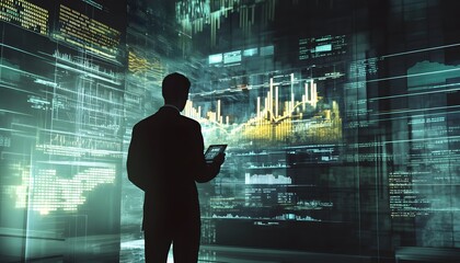 Businessman Analyzing Data and Charts on a Digital Wall