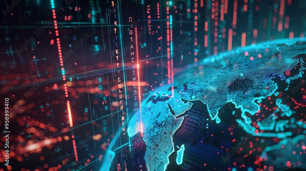 Poster a futuristic digital globe with blue, red and green glowing lines and data streams.