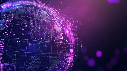 A futuristic digital globe with glowing purple lines and particles, representing global connectivity and digital technology.