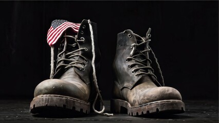 A pair of army boots, rough and worn, with an American flag. The photo conveys a sense of patriotism, protection and memory, the boots symbolize the sacrifices made by the soldiers.
