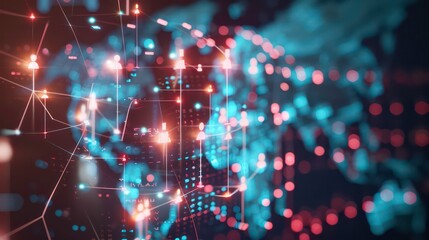 Abstract glowing lines and dots forming a network on a dark background.