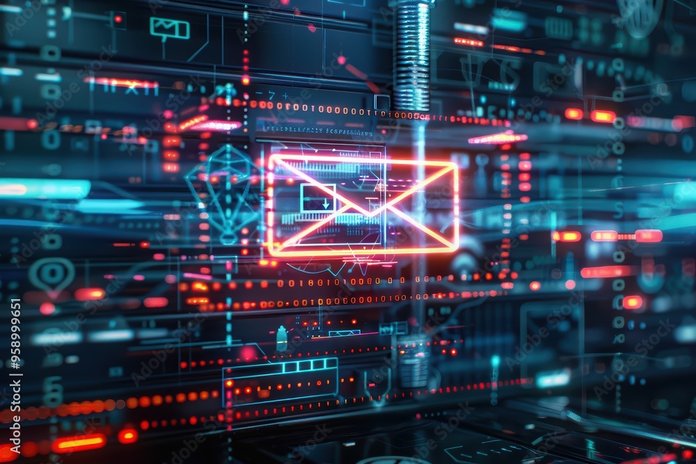 Aufkleber digital interface featuring a neon envelope icon amidst futuristic technology and data streams, symb