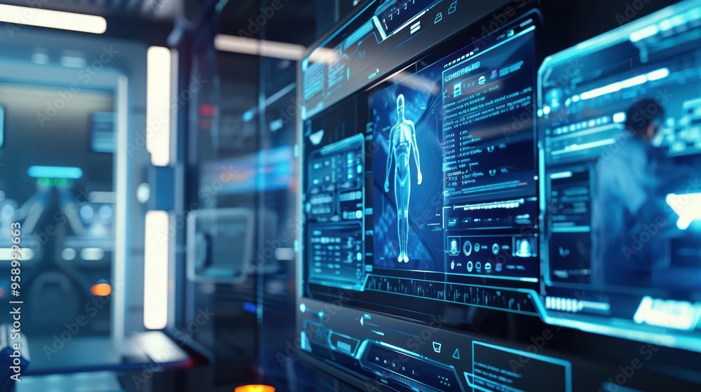 Poster futuristic lab display showing holographic human anatomy with high-tech monitors and digital interfa