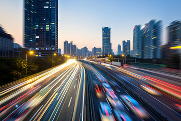 Fototapeta premium Evening rush hour on a bustling urban highway, capturing dynamic motion blur and vibrant city lights, showcasing urban energy