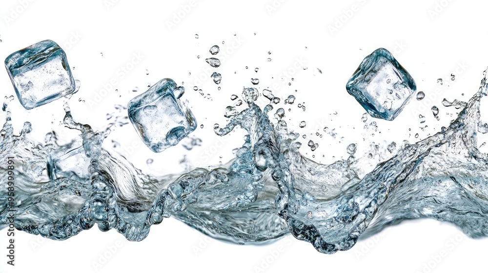 Poster ice cubes splashing into water, creating dynamic waves and droplets.
