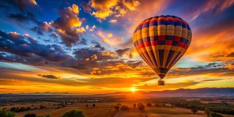 Obraz premium Hot Air Balloon Soaring Above a Golden Sunset Landscape, Colorful Balloon, Sky, Sunset, Hot Air Balloon Ride