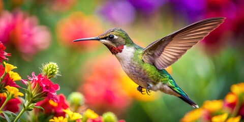 Fototapeta premium Hummingbird in Flight Amidst a Colorful Garden, Birds, Wildlife, Nature