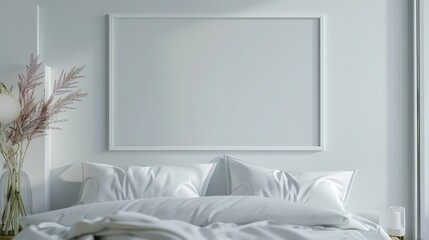 Elegant bedroom interior with white bedding and minimal decor, featuring a blank frame ready for artwork.