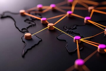 Global Network Connections: Abstract 3D Visualization of World Map with Nodes and Connectors on Dark Background