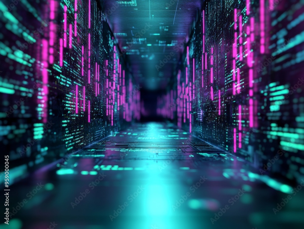 Poster a futuristic hallway lined with glowing digital code, creating a sense of mystery and technological 