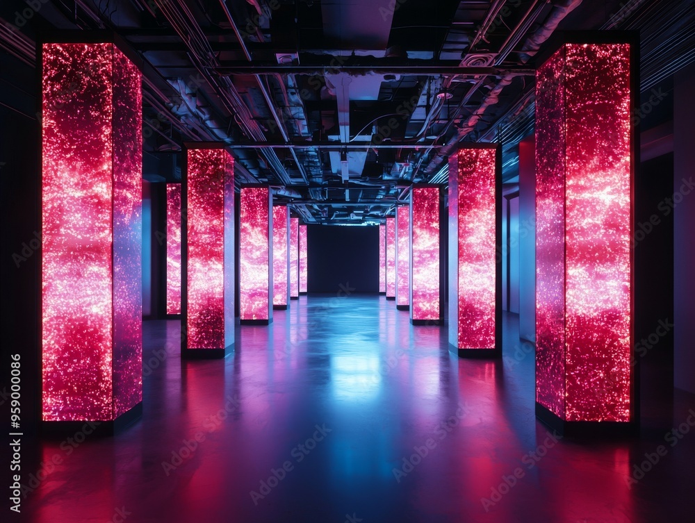 Aufkleber a futuristic hallway lined with glowing columns, creating an ethereal and vibrant atmosphere.