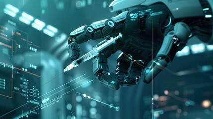 Futuristic robot hand holding a syringe in a tech-inspired environment, showcasing advanced medical technology and innovation.