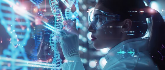 Female scientist analyzing DNA data in a futuristic lab, showcasing innovation in genetics and biotechnology.