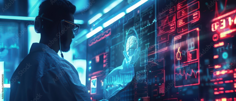 Poster futuristic scientist analyzes data on digital interface. innovative technology blends with healthcar