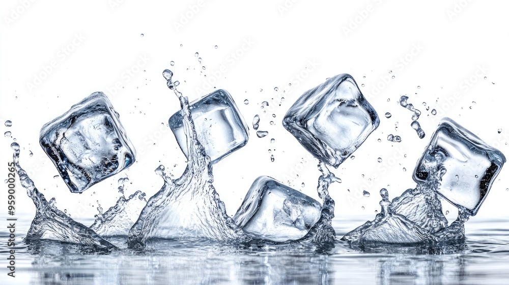 Poster ice cubes splashing into water, creating dynamic ripples and droplets.