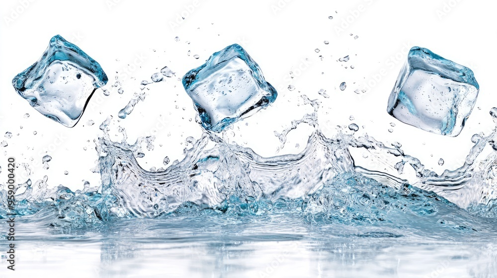 Poster ice cubes splashing into clear water, creating dynamic motion and refreshing visuals.