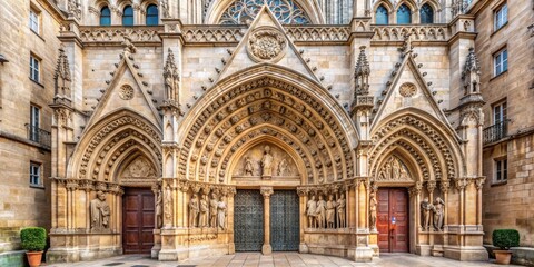 Fototapeta premium Intricate Stonework Arches of a Medieval Cathedral, Architectural Detail, Stone Carving, Gothic Architecture, Church Entrance, Religious Art, Europe
