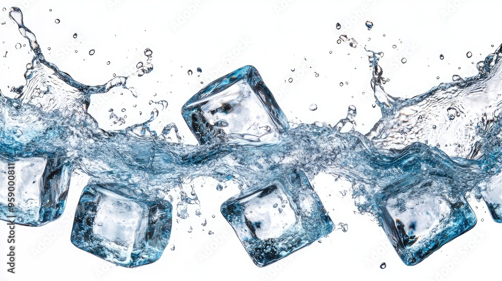 Poster ice cubes splashing in water, creating dynamic movement and freshness.