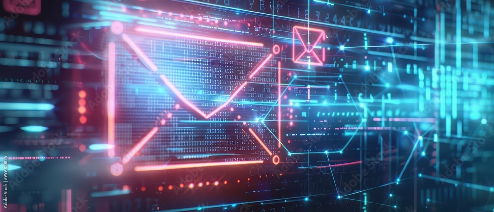 Poster futuristic digital background featuring glowing email icons and data patterns, ideal for technology 