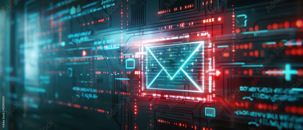 Poster futuristic digital interface featuring glowing communication symbols and data patterns, representing