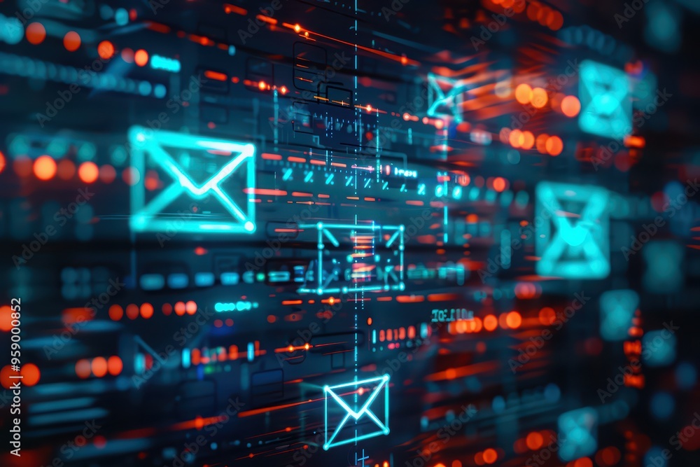 Poster futuristic digital background with glowing email icons and data streams, showcasing technology and c