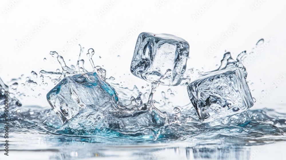 Poster ice cubes splashing into water, creating dynamic motion and clarity.