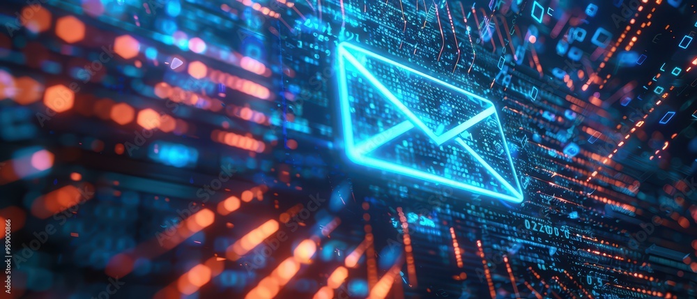 Poster futuristic digital email icon surrounded by vibrant binary data, symbolizing communication in the di