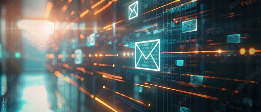 Aufkleber futuristic digital interface with glowing email icons representing communication and technology adva
