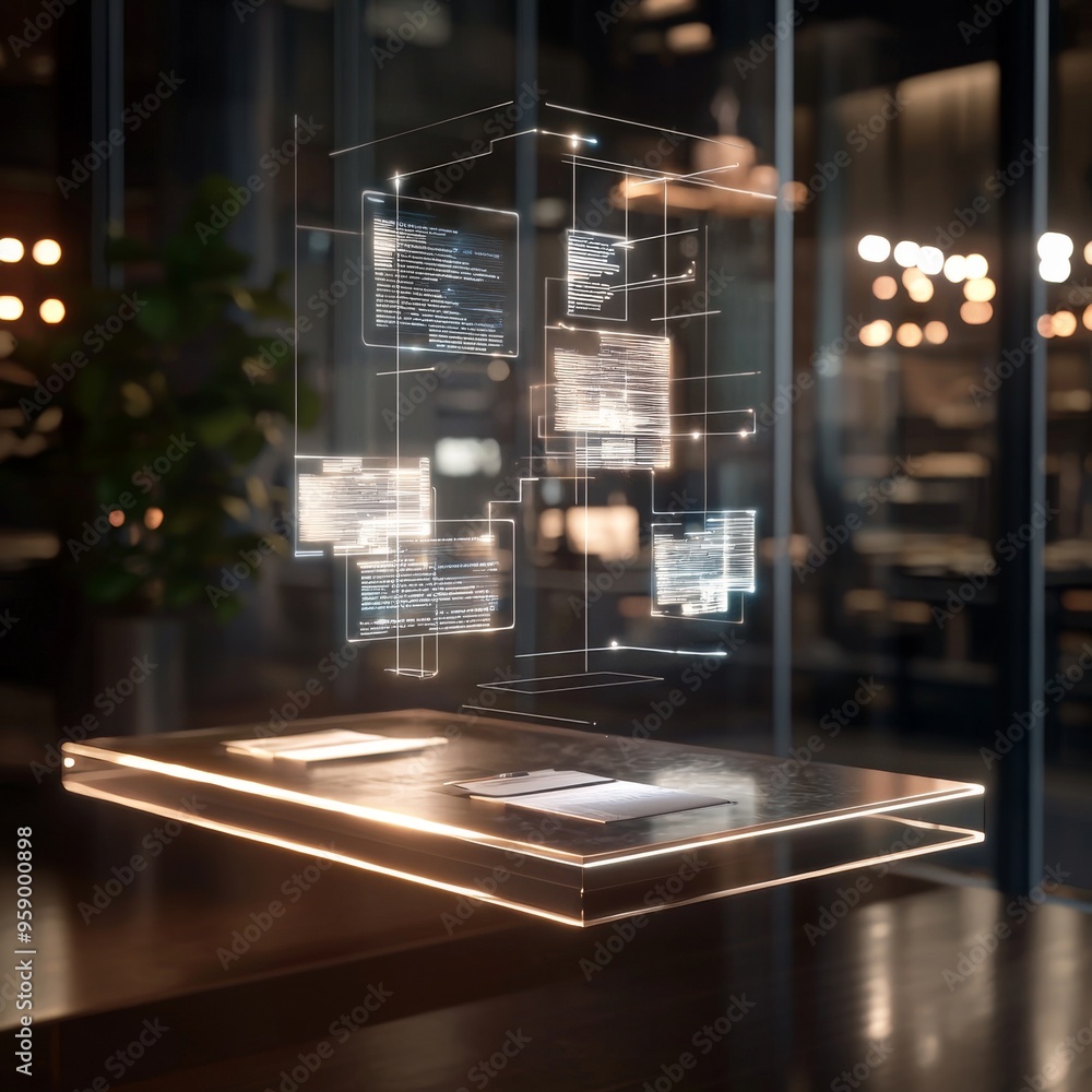 Poster a futuristic, abstract data cube with glowing lines and digital interfaces, floating over a sleek gl